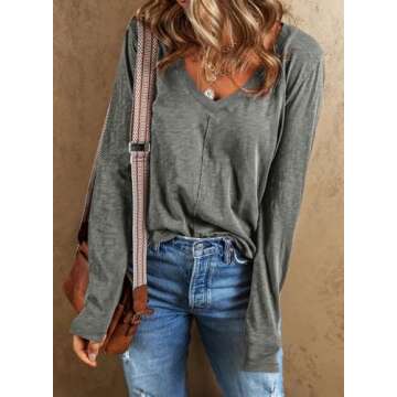 EVALESS Womens Casual V Neck Tops Spring Summer 2025 Long Sleeve Shirts Basic T Shirts Lightweight Loose T-Shirts Cotton Tee Solid Color Clothes Grey XX-Large