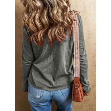 EVALESS Womens Casual V Neck Tops Spring Summer 2025 Long Sleeve Shirts Basic T Shirts Lightweight Loose T-Shirts Cotton Tee Solid Color Clothes Grey XX-Large