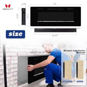 50" Electric Fireplace in-Wall Recessed and Wall Mounted 1500W Fireplace Heater and Linear Fireplace with Timer/Multicolor Flames/Touch Screen/Remote Control (Black)