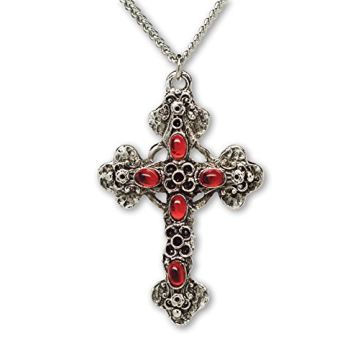 Gothic Filigree Cross with Red Stones Medieval Renaissance Pewter Pendant Necklace