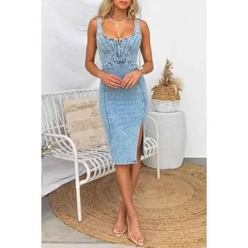 utcoco Denim Dress for Women Sleeveless Side Slit Bodycon Midi Jean Dresses for Women 2025 (X-Small, Light Blue)
