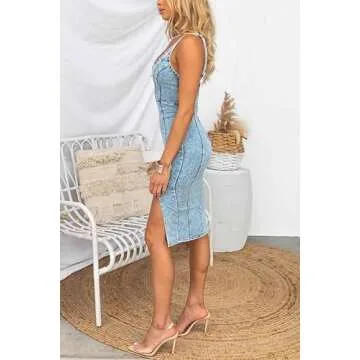 utcoco Denim Dress for Women Sleeveless Side Slit Bodycon Midi Jean Dresses for Women 2025 (X-Small, Light Blue)