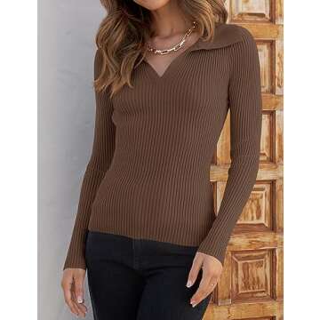 Stylish ZESICA Long Sleeve V Neck Ribbed Knit Sweater