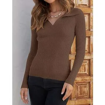 Stylish ZESICA Long Sleeve V Neck Ribbed Knit Sweater