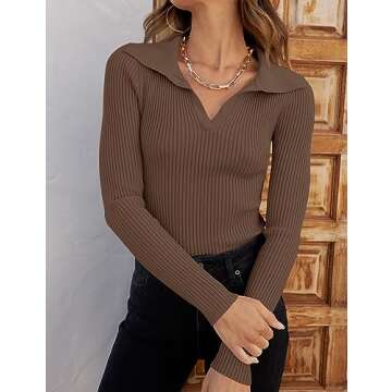 Stylish ZESICA Long Sleeve V Neck Ribbed Knit Sweater