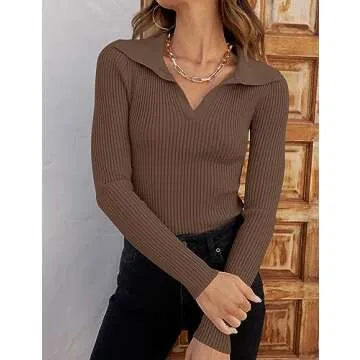 Stylish ZESICA Long Sleeve V Neck Ribbed Knit Sweater