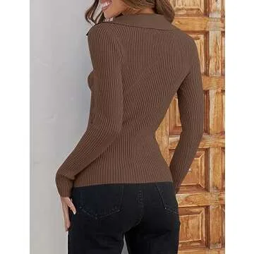 Stylish ZESICA Long Sleeve V Neck Ribbed Knit Sweater