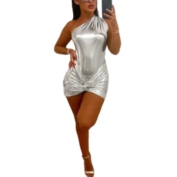 Sexy Metallic One Shoulder Mini Dress for Parties