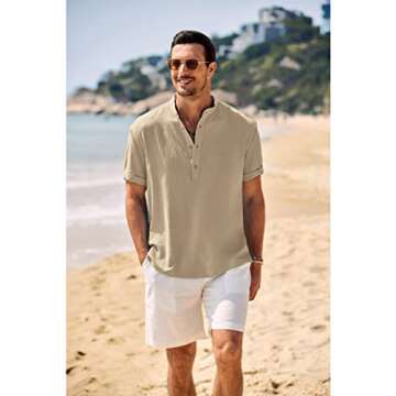COOFANDY Men Summer Henley Shirts Button Vacation Shirt Collarless Casual Shirt Khaki