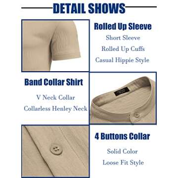 COOFANDY Men Summer Henley Shirts Button Vacation Shirt Collarless Casual Shirt Khaki