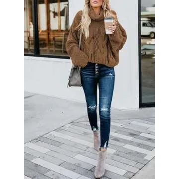 Dokotoo Womens Winter Fall Oversized Turtleneck High Neck Long Sleeve Cable Knit Chunky Sweaters Pullover Outerwear Khaki XX-Large