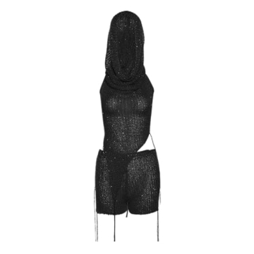 Women Trendy 3 Piece Outfits Crochet Knitted Balaclava See Through Halter Crop Top Hollow Out Mini H...