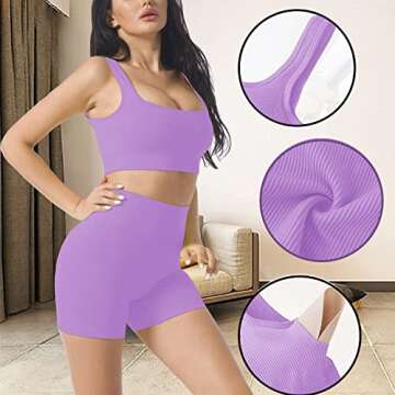 Workout Sets for Women, Cut Seamless Crop Tank Leggings Matching Sets 2 Pieces Outfits, Sexy Two Piece Workout Outfits 3 Pieces(Purple-S)