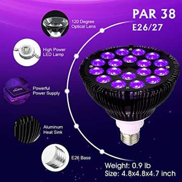 KINGBO Black Light Bulb, 36W LED Blacklight Bulbs E26 PAR38 Glow in The Dark, 395nm LEDs for Blacklight Party, Fluorescent Art, DJ Dance Party, Holiday Decorations, Acrylic Pouring Light