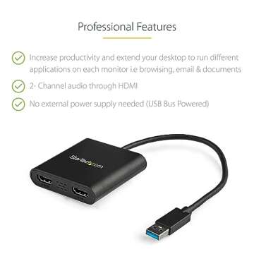 StarTech.com USB 3.0 to Dual HDMI Adapter, USB to 2x HDMI Monitor Converter for Windows, TAA (no sup...
