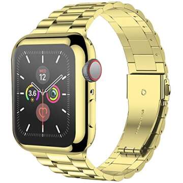 iiteeology Compatible with Apple Watch Bands 40mm Series 6 5 4 Se, Upgraded Stainless Steel Band with iWatch Screen Protector Case for Women Gold/Gold