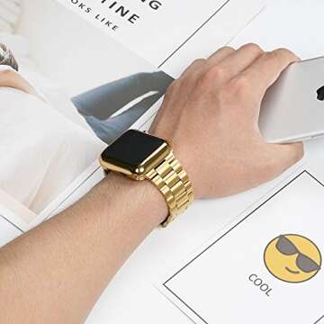 iiteeology Compatible with Apple Watch Bands 40mm Series 6 5 4 Se, Upgraded Stainless Steel Band with iWatch Screen Protector Case for Women Gold/Gold