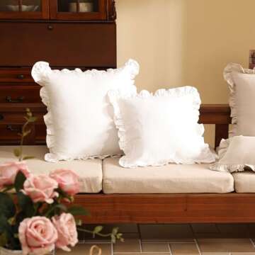 patdrea White Shabby Chic Decorative Throw Pillow Covers 18"x18" Set of 2,Farmhouse Linen Pillow Covers with Ruffles,Square Sturdy Throw Pillow Case for Couch Sofa Bed Living Room