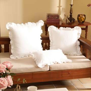 patdrea White Shabby Chic Decorative Throw Pillow Covers 18"x18" Set of 2,Farmhouse Linen Pillow Covers with Ruffles,Square Sturdy Throw Pillow Case for Couch Sofa Bed Living Room