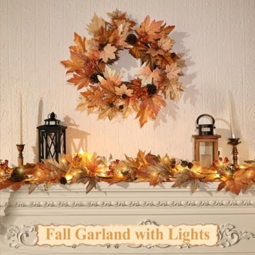 6 FT Fall Garland with Lights Timer Function Fall Leaves Garland with Berries Pine Cones Realistic A...