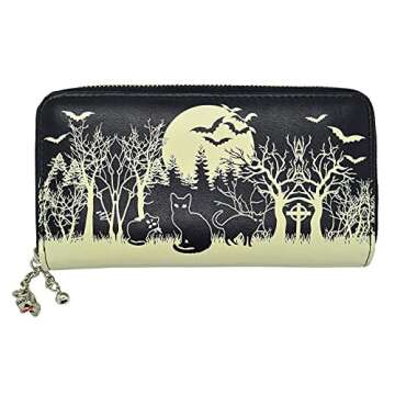 Lost Queen Woodland Wallet Black Cats & Bats Skull Charm Gothic Wiccan Vegan Zip Around Wallet