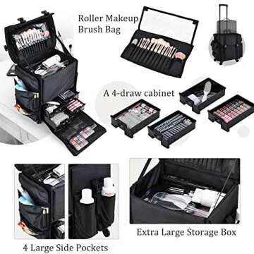 Yueieoun 2-In-1 Professional Rolling Makeup Case, Makeup Organizer Trolley with Make up Train Case, Soft Sided Cosmetology Travel Cases with 4 Drawers, Brush Holders, Black Nylon