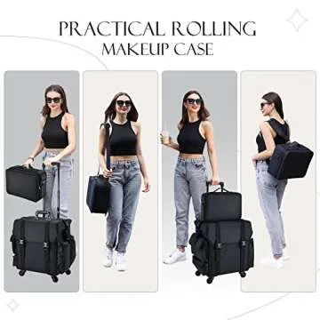 Yueieoun 2-In-1 Professional Rolling Makeup Case, Makeup Organizer Trolley with Make up Train Case, Soft Sided Cosmetology Travel Cases with 4 Drawers, Brush Holders, Black Nylon