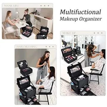 Yueieoun 2-In-1 Professional Rolling Makeup Case, Makeup Organizer Trolley with Make up Train Case, Soft Sided Cosmetology Travel Cases with 4 Drawers, Brush Holders, Black Nylon