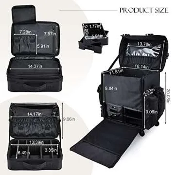 Yueieoun 2-In-1 Professional Rolling Makeup Case, Makeup Organizer Trolley with Make up Train Case, Soft Sided Cosmetology Travel Cases with 4 Drawers, Brush Holders, Black Nylon