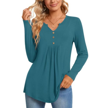 CATHY Women's Long Sleeve Tunic Tops - Stylish V-neck Button Down Blouse