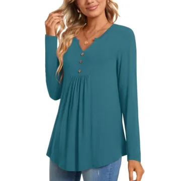 CATHY Women's Long Sleeve V-neck Tunic Top - Acid Blue