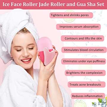 3 in 1 Ice Face Roller Jade Roller and Gua Sha Set, Silicone Ice Mould Facial Beauty Ice Roller Skin Care Tools for Face, Puffy Eyes, Neck Tighten Skin and Relieve Fine Lines (Pink)