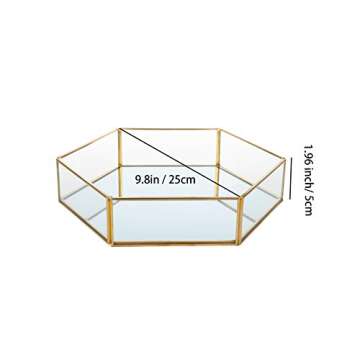 Feyarl Gold Clear Glass Jewelry Trinket Tray Dish Plate Ornate Ring Earring Cosmetic Vanity Perfume Tray Decorative Tray for Display Dressing Table (Hexagon)