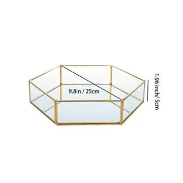 Feyarl Gold Clear Glass Jewelry Trinket Tray Dish Plate Ornate Ring Earring Cosmetic Vanity Perfume Tray Decorative Tray for Display Dressing Table (Hexagon)