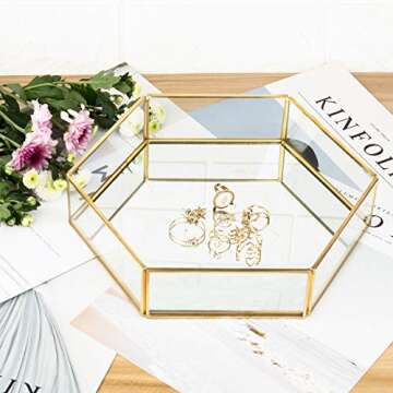 Feyarl Gold Clear Glass Jewelry Trinket Tray Dish Plate Ornate Ring Earring Cosmetic Vanity Perfume Tray Decorative Tray for Display Dressing Table (Hexagon)