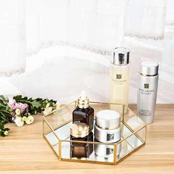 Feyarl Gold Clear Glass Jewelry Trinket Tray Dish Plate Ornate Ring Earring Cosmetic Vanity Perfume Tray Decorative Tray for Display Dressing Table (Hexagon)