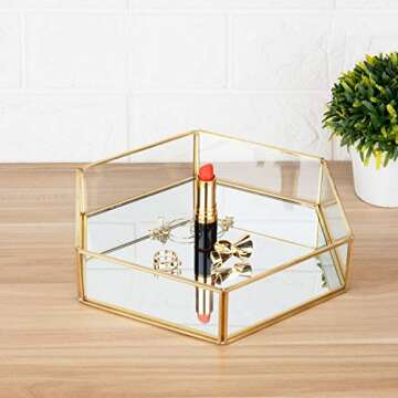 Feyarl Gold Clear Glass Jewelry Trinket Tray Dish Plate Ornate Ring Earring Cosmetic Vanity Perfume Tray Decorative Tray for Display Dressing Table (Hexagon)