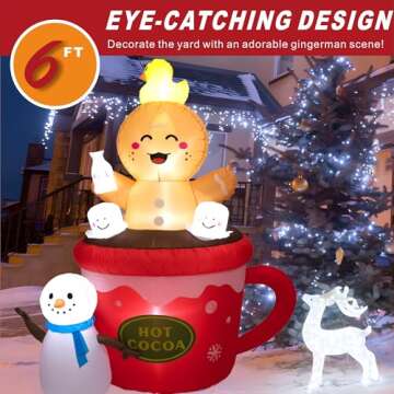 Peyton 6FT Inflatable Gingerbread Man in hot Cocoa Cup Scene with Cute Duck on top of Head, and Snow...
