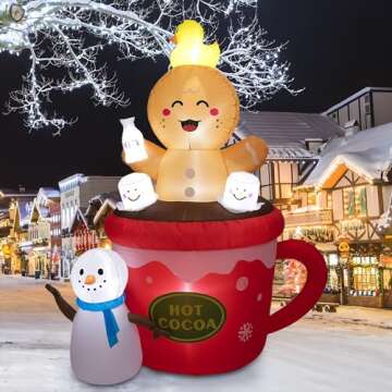 Peyton 6FT Inflatable Gingerbread Man in hot Cocoa Cup Scene with Cute Duck on top of Head, and Snowman,Built-in LEDs Blow Up Inflatables for Christmas Outdoor Yard Decorations.