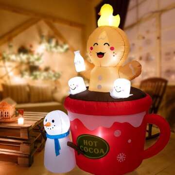 Peyton 6FT Inflatable Gingerbread Man in hot Cocoa Cup Scene with Cute Duck on top of Head, and Snowman,Built-in LEDs Blow Up Inflatables for Christmas Outdoor Yard Decorations.