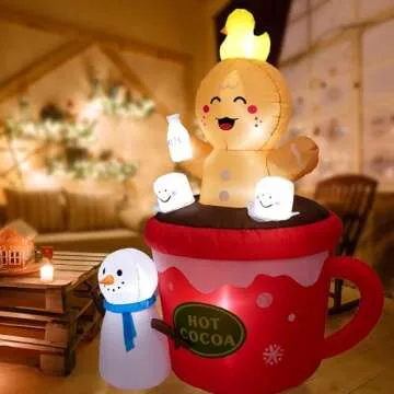 Peyton 6FT Inflatable Gingerbread Man in hot Cocoa Cup Scene with Cute Duck on top of Head, and Snowman,Built-in LEDs Blow Up Inflatables for Christmas Outdoor Yard Decorations.