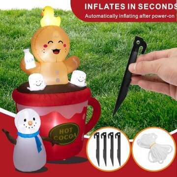 Peyton 6FT Inflatable Gingerbread Man in hot Cocoa Cup Scene with Cute Duck on top of Head, and Snowman,Built-in LEDs Blow Up Inflatables for Christmas Outdoor Yard Decorations.