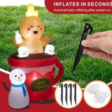 Peyton 6FT Inflatable Gingerbread Man in hot Cocoa Cup Scene with Cute Duck on top of Head, and Snowman,Built-in LEDs Blow Up Inflatables for Christmas Outdoor Yard Decorations.