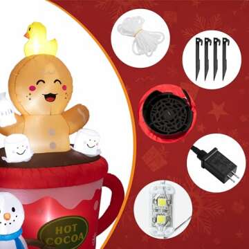 Peyton 6FT Inflatable Gingerbread Man in hot Cocoa Cup Scene with Cute Duck on top of Head, and Snowman,Built-in LEDs Blow Up Inflatables for Christmas Outdoor Yard Decorations.