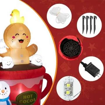 Peyton 6FT Inflatable Gingerbread Man in hot Cocoa Cup Scene with Cute Duck on top of Head, and Snowman,Built-in LEDs Blow Up Inflatables for Christmas Outdoor Yard Decorations.