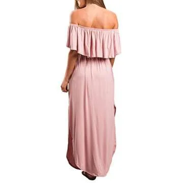 Womens Off The Shoulder Ruffle Party Dress Side Split Beach Long Maxi Dresses Pink L