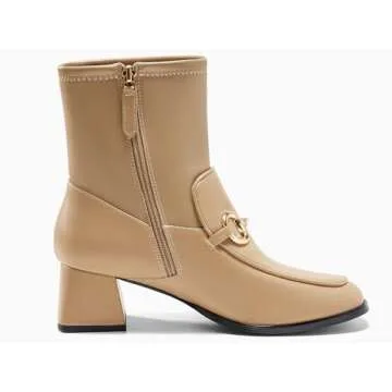 Junayuan Womens Square Toe Ankle Boots Chunky Low Heel Metal Chain Side Zipper Dress Fall Booties Shoes, Khaki, Size 6.5