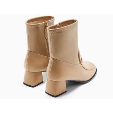 Junayuan Womens Square Toe Ankle Boots Chunky Low Heel Metal Chain Side Zipper Dress Fall Booties Shoes, Khaki, Size 6.5