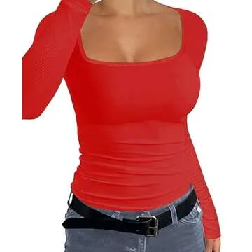 Afibi Women Ribbed Long Sleeve Square Neck Slim Fit Stretchy Basic T Shirts Tops (Medium, Red)