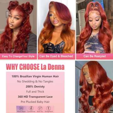 Reddish Brown 360 Lace Front Wigs Human Hair 180% Density Orange Red Body Wave HD Lace Frontal Wig 33 Colored Human Hair Lace Front Wig Glueless Ginger Auburn 360 Lace Wig 26 Inch